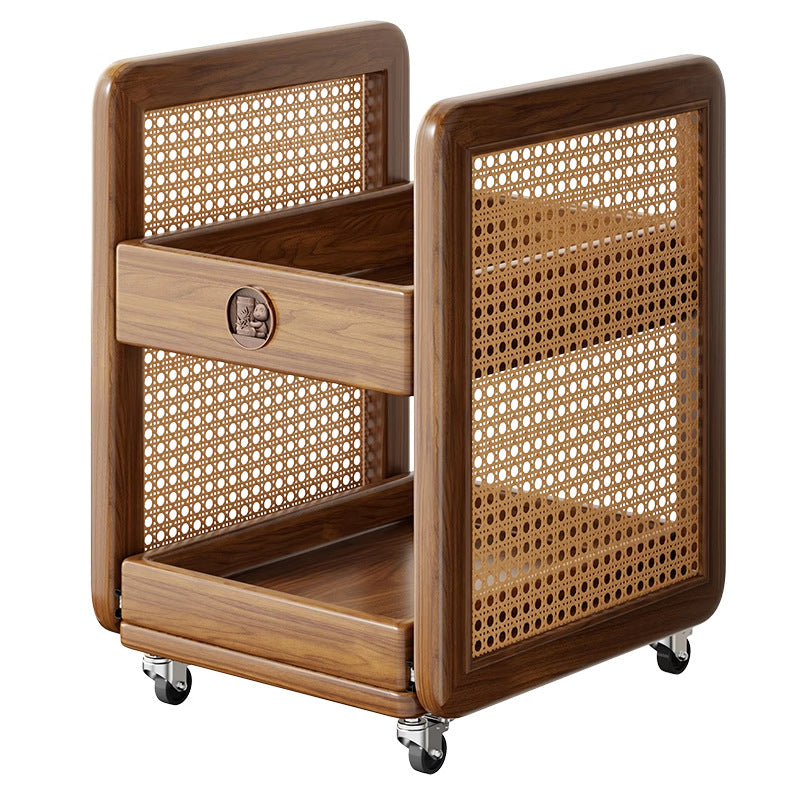 Traditional Vintage Rubberwood Rattan Woven Square Side Table 2-Tier For Living Room