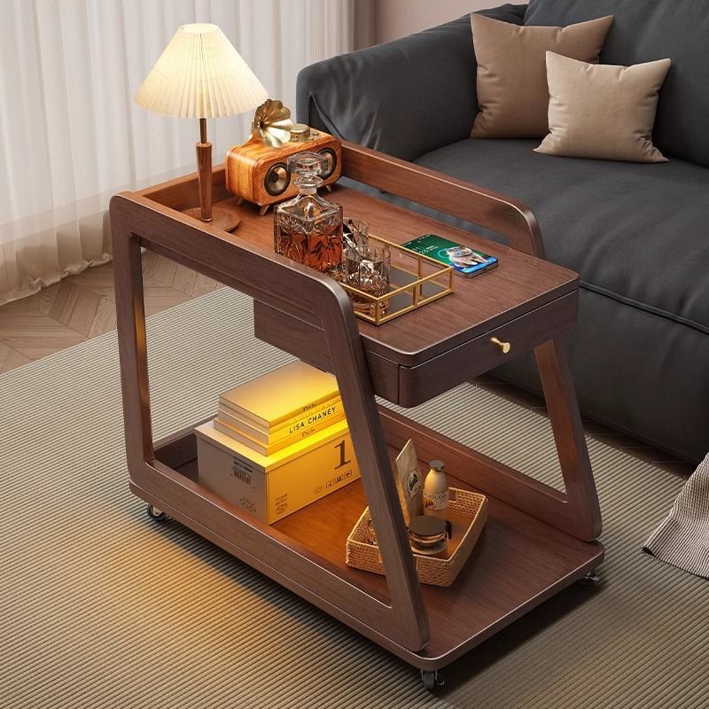Contemporary Scandinavian Solid Wood Rectangular Trapezoid Side Table 2-Tier For Living Room