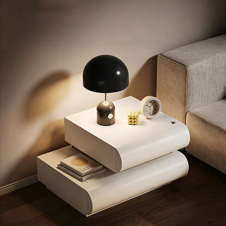 Table de chevet carrée incurvée à 2 tiroirs en bois massif et cuir microfibre, design contemporain créatif, pour chambre à coucher 