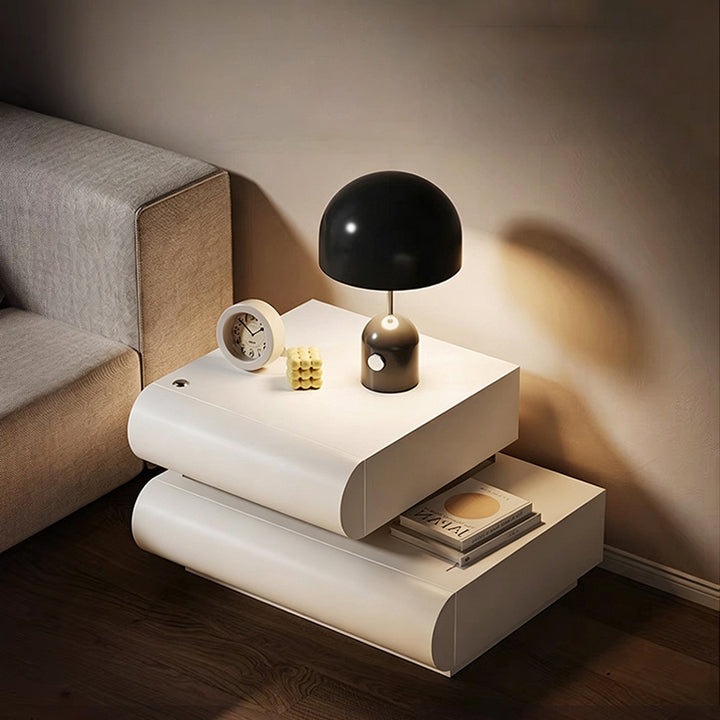 Table de chevet carrée incurvée à 2 tiroirs en bois massif et cuir microfibre, design contemporain créatif, pour chambre à coucher 