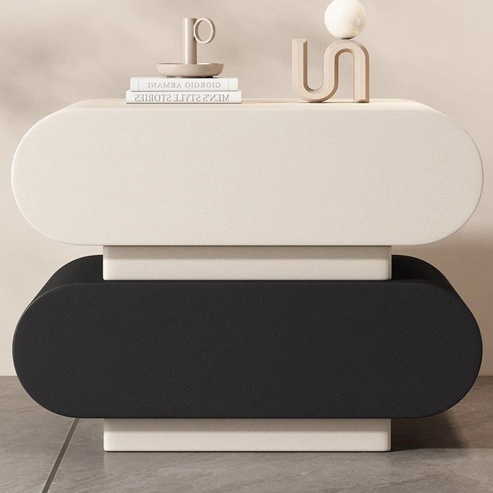 Moderne kreative Nachtkonsole aus Mikrofaserleder und Kiefernholz mit abgerundeter quadratischer Form, 2 Schubladen, für das Schlafzimmer 