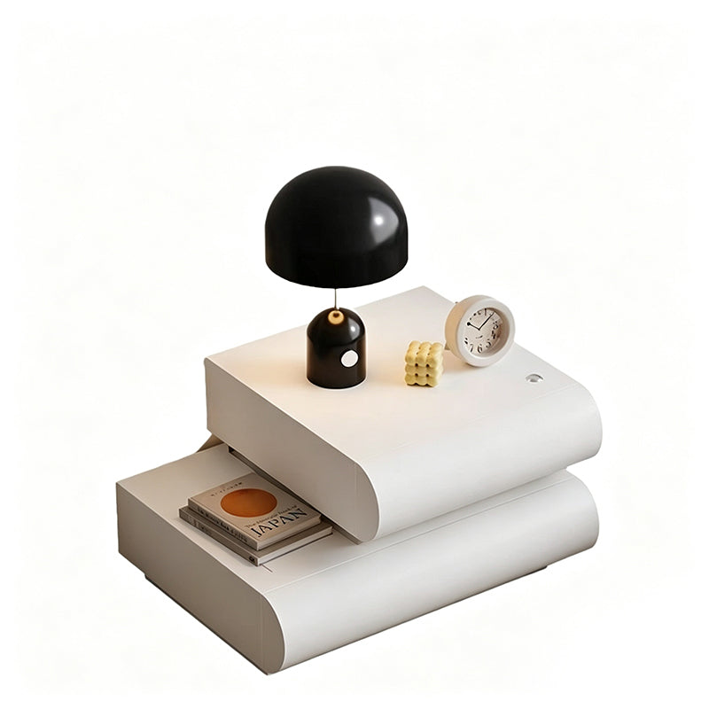 Table de chevet carrée incurvée à 2 tiroirs en bois massif et cuir microfibre, design contemporain créatif, pour chambre à coucher 