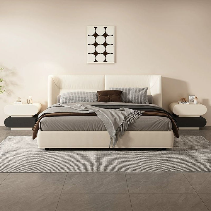 Moderne kreative Nachtkonsole aus Mikrofaserleder und Kiefernholz mit abgerundeter quadratischer Form, 2 Schubladen, für das Schlafzimmer 