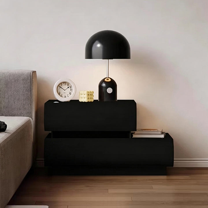 Mesita de noche cuadrada curva de madera maciza con cuero de microfibra creativa contemporánea de 2 cajones para dormitorio 