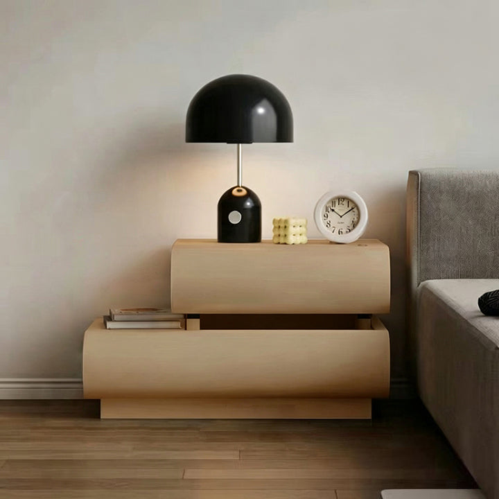 Table de chevet carrée incurvée à 2 tiroirs en bois massif et cuir microfibre, design contemporain créatif, pour chambre à coucher 