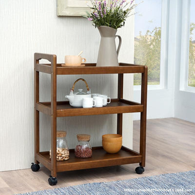 Traditional Vintage Solid Wood Mobile Rectangular Side Table 3-Tier For Dining Room
