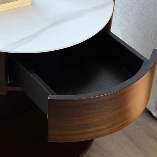 Table de chevet ronde cylindrique à 2 niveaux en panneau de fibres de densité moyenne avec pierre frittée traditionnelle chinoise pour chambre à coucher 