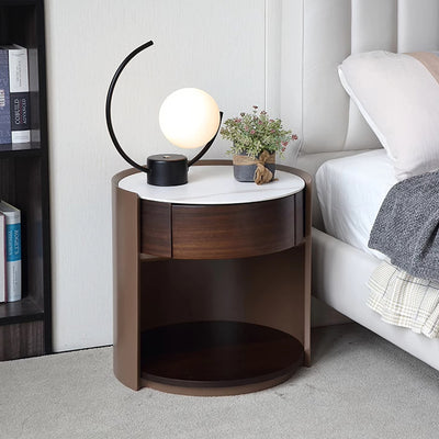 Traditional Chinese Sintered Stone Medium Density Fiberboard Round Cylinder Nightstand 2-Tier For Bedroom