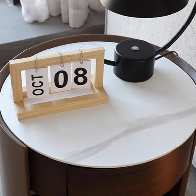 Traditional Chinese Sintered Stone Medium Density Fiberboard Round Cylinder Nightstand 2-Tier For Bedroom