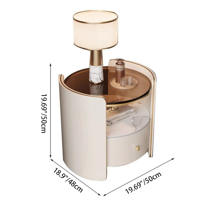 Contemporary Scandinavian Tempered Glass Sintered Stone Microfiber Leather Wood Round Cylinder Nightstand 2-Tier For Bedroom