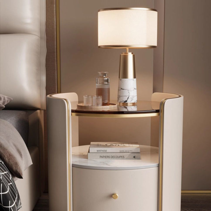 Contemporary Scandinavian Tempered Glass Sintered Stone Microfiber Leather Wood Round Cylinder Nightstand 2-Tier For Bedroom