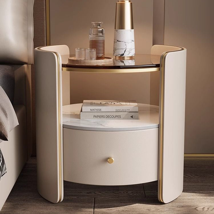 Contemporary Scandinavian Tempered Glass Sintered Stone Microfiber Leather Wood Round Cylinder Nightstand 2-Tier For Bedroom