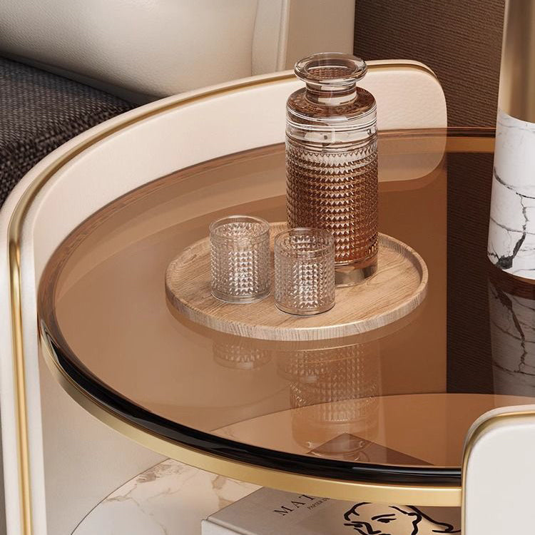 Contemporary Scandinavian Tempered Glass Sintered Stone Microfiber Leather Wood Round Cylinder Nightstand 2-Tier For Bedroom