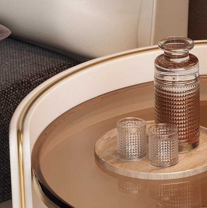 Contemporary Scandinavian Tempered Glass Sintered Stone Microfiber Leather Wood Round Cylinder Nightstand 2-Tier For Bedroom