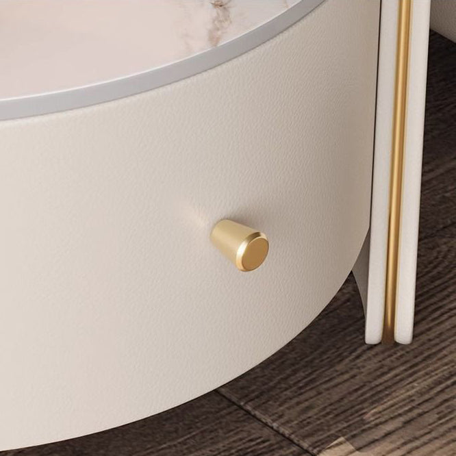 Contemporary Scandinavian Tempered Glass Sintered Stone Microfiber Leather Wood Round Cylinder Nightstand 2-Tier For Bedroom
