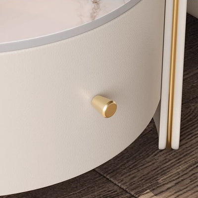 Contemporary Scandinavian Tempered Glass Sintered Stone Microfiber Leather Wood Round Cylinder Nightstand 2-Tier For Bedroom