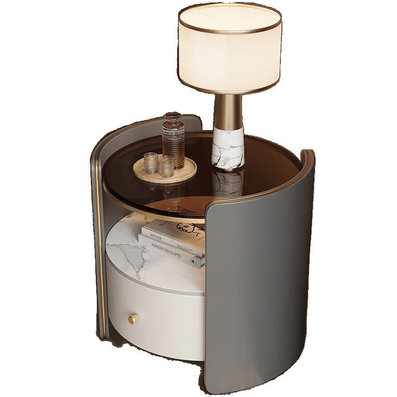 Contemporary Scandinavian Tempered Glass Sintered Stone Microfiber Leather Wood Round Cylinder Nightstand 2-Tier For Bedroom