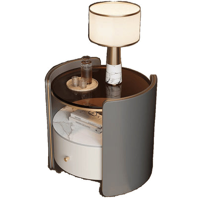 Contemporary Scandinavian Tempered Glass Sintered Stone Microfiber Leather Wood Round Cylinder Nightstand 2-Tier For Bedroom