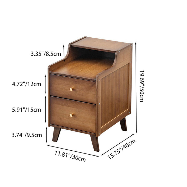 Traditioneller chinesischer Nachttisch aus Bambus und massivem Holz mit quadratischer, geschwungener Form und 2 Schubladen für das Schlafzimmer 