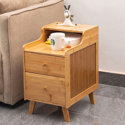 Traditional Chinese Bamboo Solid Wood Square Curved Nightstand 2-Drawer For Bedroom
