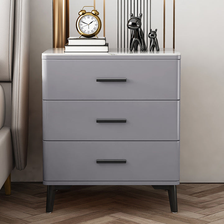 Modern Luxury Sintered Stone Rubberwood Rounded Rectangular Cylindrical Nightstand With 3 Drawers For Bedroom