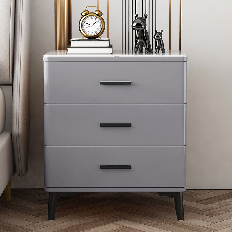 Modern Luxury Sintered Stone Rubberwood Rounded Rectangular Cylindrical Nightstand With 3 Drawers For Bedroom
