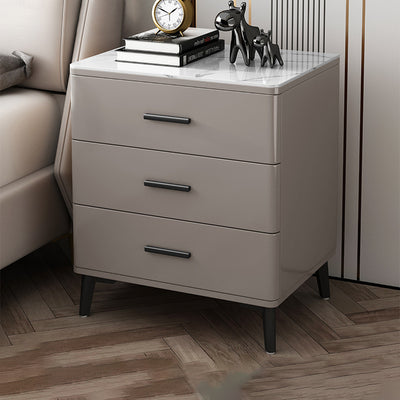 Modern Luxury Sintered Stone Rubberwood Rounded Rectangular Cylindrical Nightstand With 3 Drawers For Bedroom