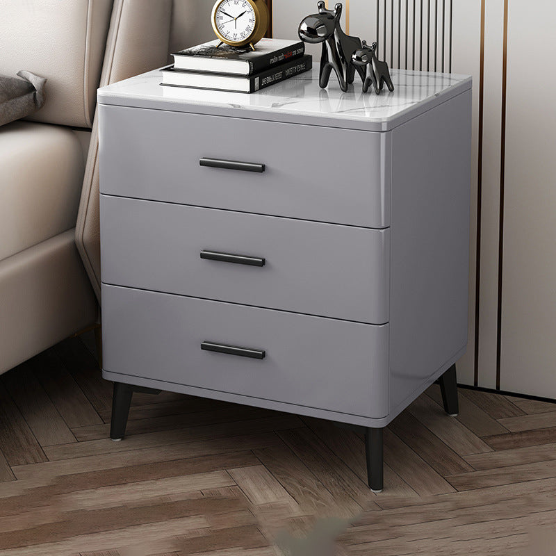 Modern Luxury Sintered Stone Rubberwood Rounded Rectangular Cylindrical Nightstand With 3 Drawers For Bedroom