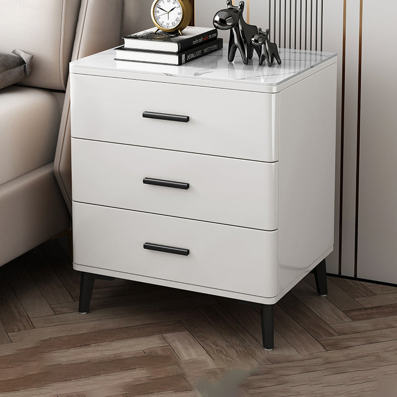 Modern Luxury Sintered Stone Rubberwood Rounded Rectangular Cylindrical Nightstand With 3 Drawers For Bedroom
