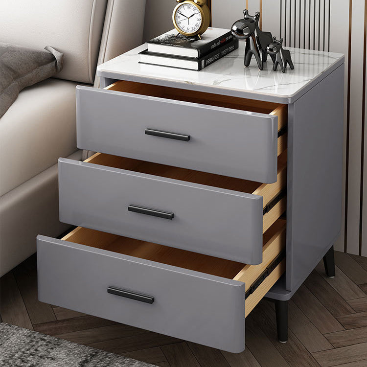 Modern Luxury Sintered Stone Rubberwood Rounded Rectangular Cylindrical Nightstand With 3 Drawers For Bedroom