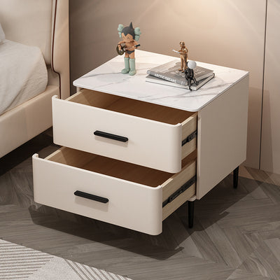 Contemporary Scandinavian Sintered Stone Solid Wood Microfiber Leather Iron Rounded Square Cylindrical Nightstand With 2 Drawers For Bedroom