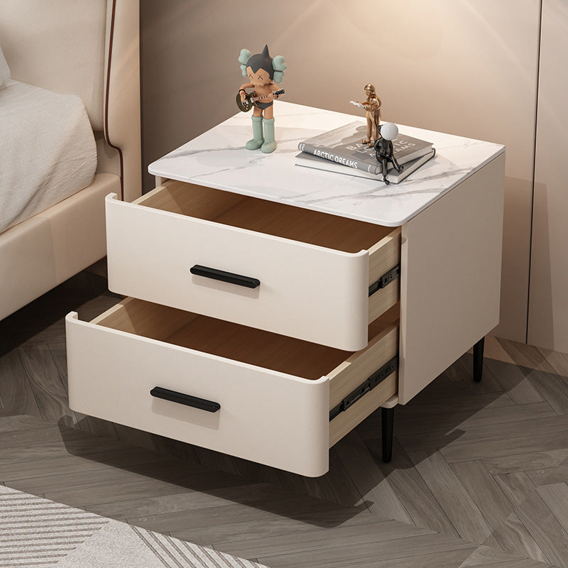 Contemporary Scandinavian Sintered Stone Solid Wood Microfiber Leather Iron Rounded Square Cylindrical Nightstand With 2 Drawers For Bedroom