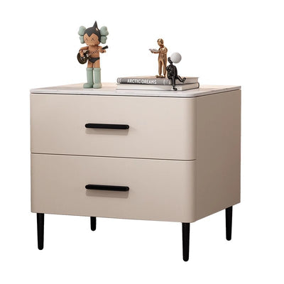 Contemporary Scandinavian Sintered Stone Solid Wood Microfiber Leather Iron Rounded Square Cylindrical Nightstand With 2 Drawers For Bedroom