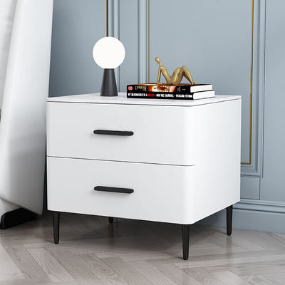 Contemporary Scandinavian Sintered Stone Solid Wood Microfiber Leather Iron Rounded Square Cylindrical Nightstand With 2 Drawers For Bedroom