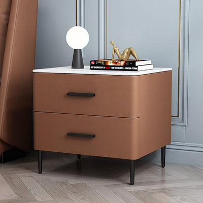 Contemporary Scandinavian Sintered Stone Solid Wood Microfiber Leather Iron Rounded Square Cylindrical Nightstand With 2 Drawers For Bedroom