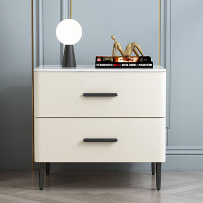 Contemporary Scandinavian Sintered Stone Solid Wood Microfiber Leather Iron Rounded Square Cylindrical Nightstand With 2 Drawers For Bedroom