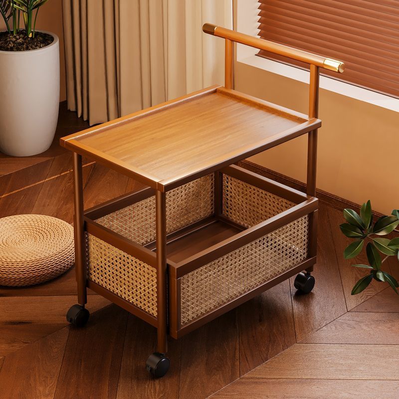 Traditional Chinese MDF Nan Bamboo Woven Rattan Cylindrical Rectangular Side Table 1-Tier For Living Room
