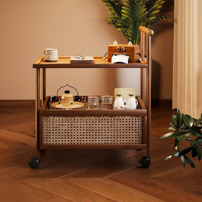Traditional Chinese MDF Nan Bamboo Woven Rattan Cylindrical Rectangular Side Table 1-Tier For Living Room