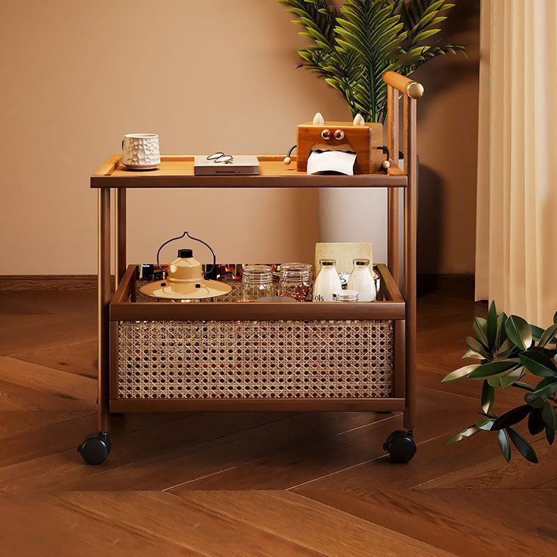 Traditional Chinese MDF Nan Bamboo Woven Rattan Cylindrical Rectangular Side Table 1-Tier For Living Room