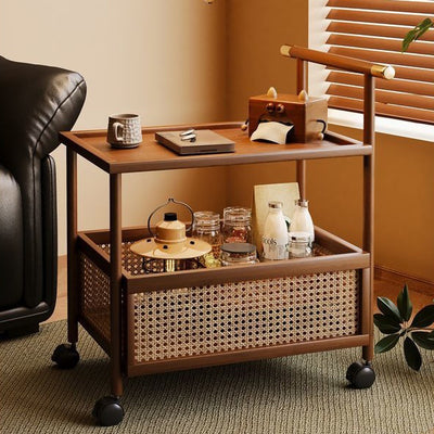 Traditional Chinese MDF Nan Bamboo Woven Rattan Cylindrical Rectangular Side Table 1-Tier For Living Room