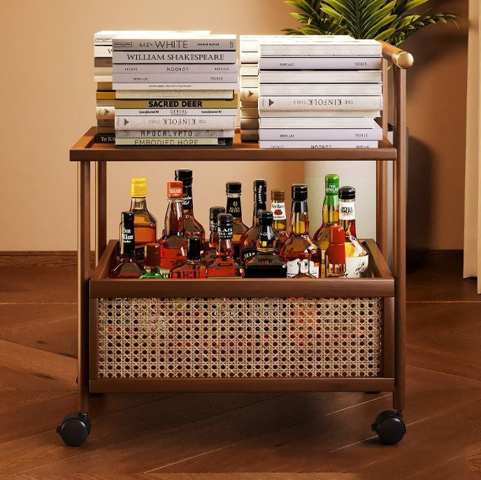 Traditional Chinese MDF Nan Bamboo Woven Rattan Cylindrical Rectangular Side Table 1-Tier For Living Room