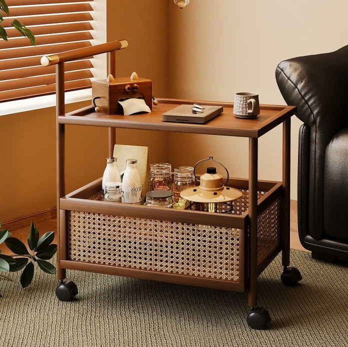 Traditional Chinese MDF Nan Bamboo Woven Rattan Cylindrical Rectangular Side Table 1-Tier For Living Room