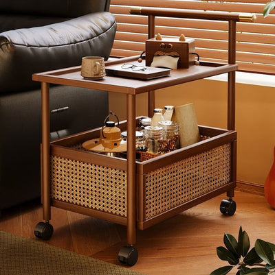 Traditional Chinese MDF Nan Bamboo Woven Rattan Cylindrical Rectangular Side Table 1-Tier For Living Room