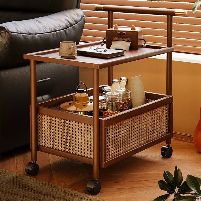 Traditional Chinese MDF Nan Bamboo Woven Rattan Cylindrical Rectangular Side Table 1-Tier For Living Room
