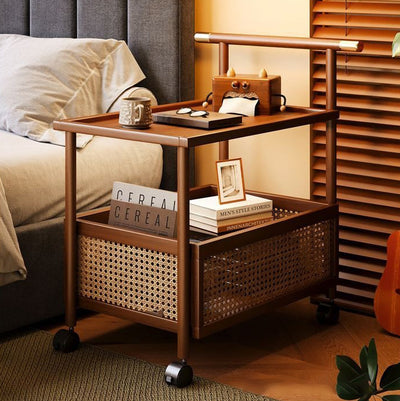 Traditional Chinese MDF Nan Bamboo Woven Rattan Cylindrical Rectangular Side Table 1-Tier For Living Room