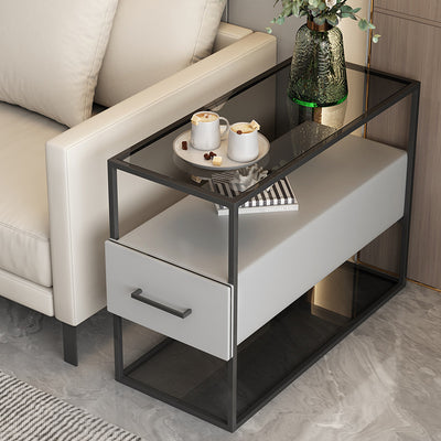Contemporary Scandinavian Tempered Glass Carbon Steel MDF Rectangular Side Table 3-Tier For Living Room