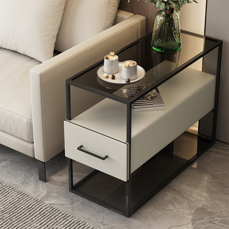 Contemporary Scandinavian Tempered Glass Carbon Steel MDF Rectangular Side Table 3-Tier For Living Room