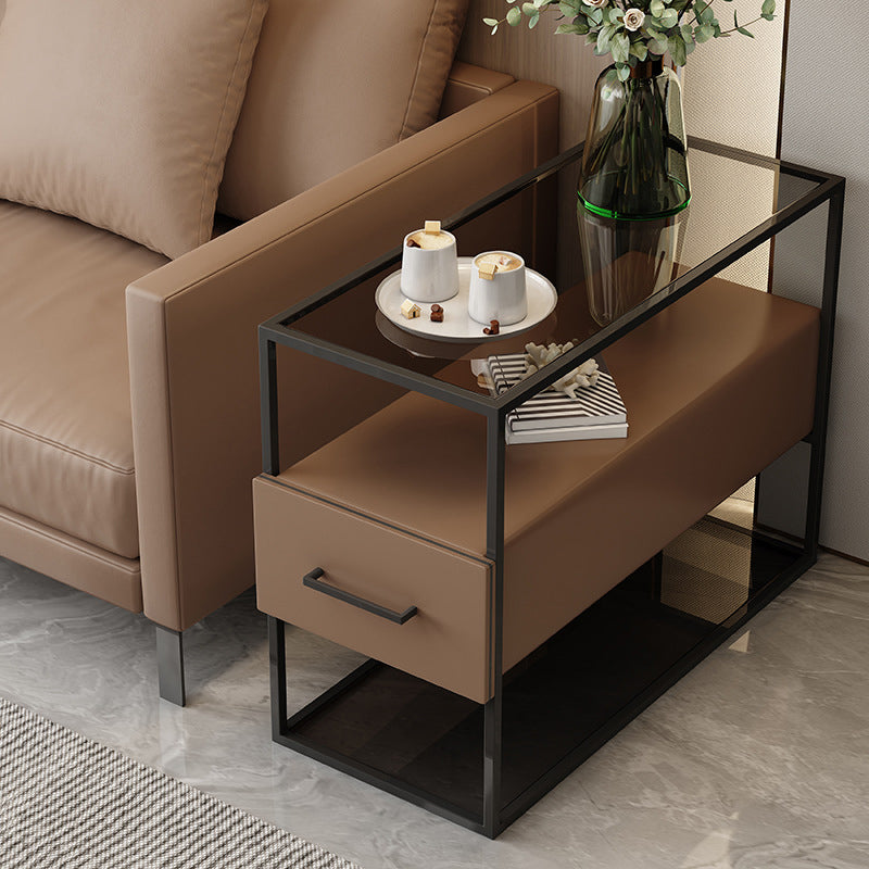 Contemporary Scandinavian Tempered Glass Carbon Steel MDF Rectangular Side Table 3-Tier For Living Room