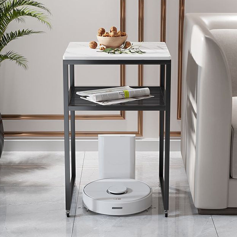 Contemporary Scandinavian Sintered Stone Iron Mobile Square Side Table 2-Tier For Living Room