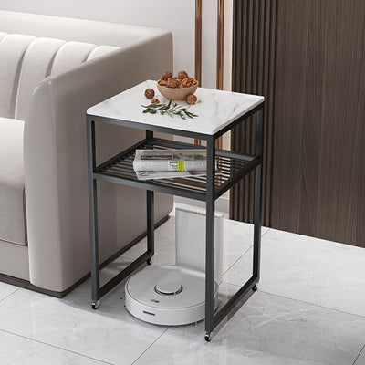 Contemporary Scandinavian Sintered Stone Iron Mobile Square Side Table 2-Tier For Living Room